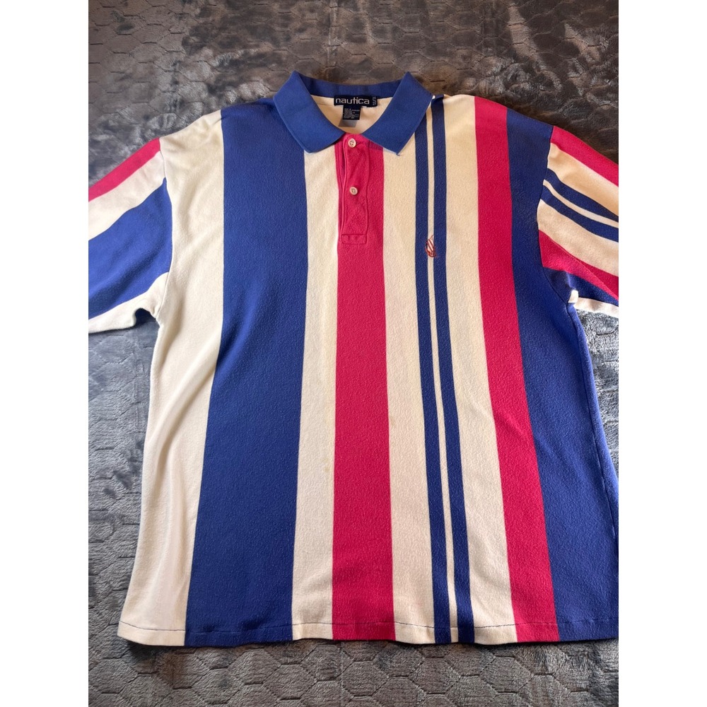 VTG Nautica Mens XL Multicolor Striped Polo Shirt Short Sleeve Casual Preppy - Picture 3 of 10